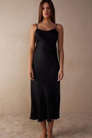 Bielizna Intimissimi Midi-Length Slip in Silk Damskie Czarne | PL4146WY