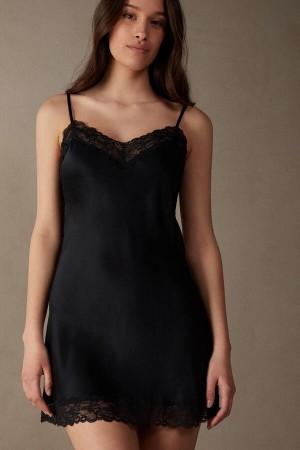 Bielizna Intimissimi Silk Slip with Koronkowe Insert Detail Damskie Czarne | PL4145EX