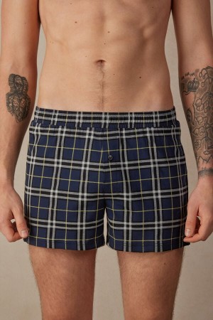 Boxer Intimissimi Tartan Patterned Bawełniane Jersey Relaxed Fit Męskie Niebieskie Żółte | PL3429HK