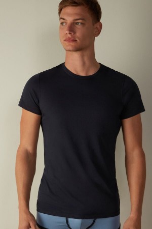 Koszulki Intimissimi Krótkie-Sleeve Crew-Neck in Extra-Fine Supima® Bawełniane Męskie Niebieskie | PL3041VD