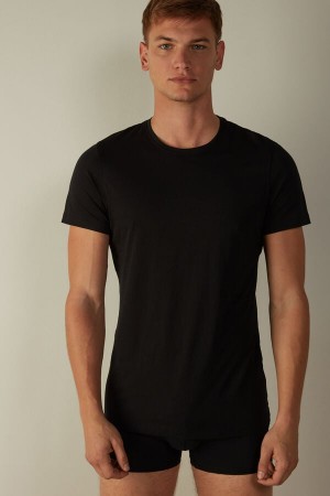 Koszulki Intimissimi Krótkie-Sleeve Crew-Neck in Extra-Fine Supima® Bawełniane Męskie Czarne | PL3036WY