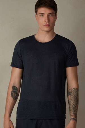 Koszulki Intimissimi Krótkie-Sleeved Linen Męskie Niebieskie | PL3061RW