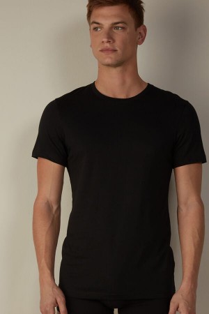Koszulki Intimissimi Krótkie Sleeve Crew Neck in Supima® Bawełniane Męskie Czarne | PL3052DN