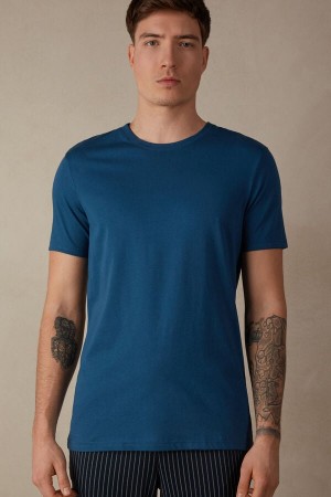 Koszulki Intimissimi Krótkie Sleeve Crew Neck in Supima® Bawełniane Męskie Białe Niebieskie | PL3049HK