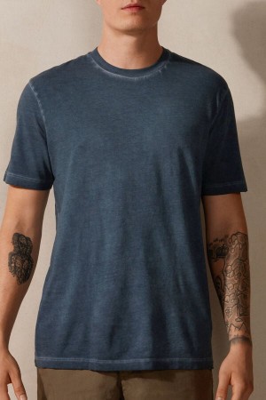 Koszulki Intimissimi Oil Washed Bawełniane Krótkie Sleeve Męskie Ciemny Niebieskie | PL3027AP