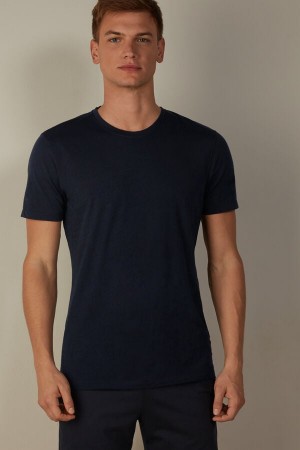 Koszulki Intimissimi Stretch Merino Wełna Krótkie-Sleeve Męskie Niebieskie | PL3056OR