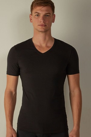 Koszulki Intimissimi V-neck in Stretch Supima® Bawełniane Męskie Czarne | PL3053SO