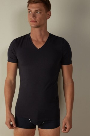 Koszulki Intimissimi V-neck in Stretch Supima® Bawełniane Męskie Niebieskie | PL3035EX