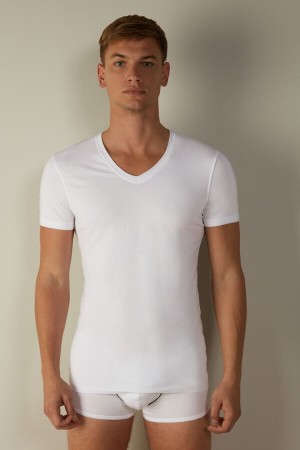 Koszulki Intimissimi V-neck in Stretch Supima® Bawełniane Męskie Białe | PL3033TV