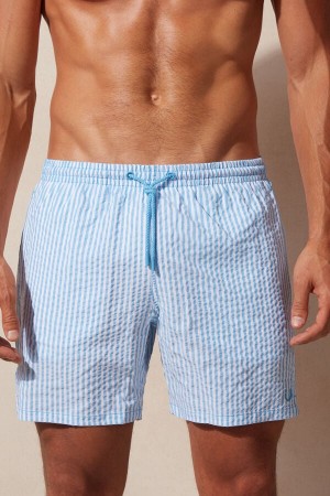 Kąpielówki Intimissimi Stripe Print Seersucker Męskie Białe Głęboka Niebieskie | PL3317TV