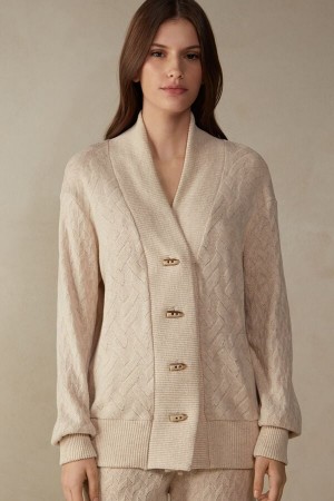 Kurtka Intimissimi Zimowe Braid Long Sleeve Jacquard Cardigan Damskie Beżowe | PL4276QZ