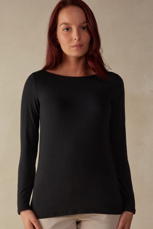 Long Sleeve Intimissimi Bateau Neck Top in Micromodal Damskie Czarne | PL4236HK