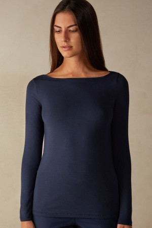 Long Sleeve Intimissimi Bateau Neck Top in Micromodal Damskie Niebieskie | PL4235HK