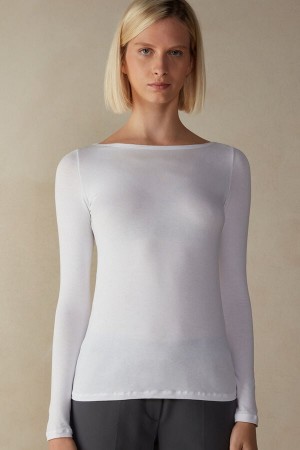Long Sleeve Intimissimi Bateau Neck Top in Micromodal Damskie Białe | PL4234JJ