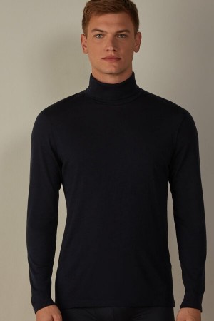 Long Sleeve Intimissimi High-Neck Merino-Wełna Top Męskie Niebieskie | PL3117KI