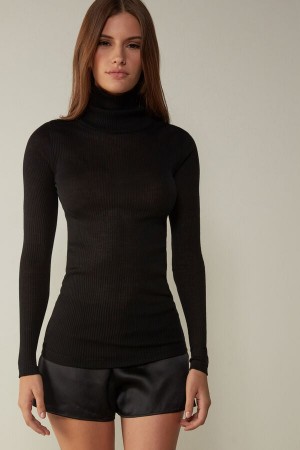 Long Sleeve Intimissimi High-Neck Tubular Top in Wełna and Silk Damskie Czarne | PL4257DN