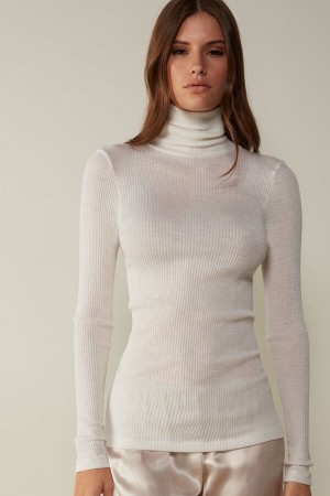 Long Sleeve Intimissimi High-Neck Tubular Top in Wełna and Silk Damskie Białe | PL4255GL