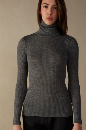 Long Sleeve Intimissimi High-Neck Tubular Top in Wełna and Silk Damskie Szare | PL4254HK