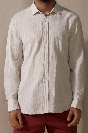 Long Sleeve Intimissimi Linen and Bawełniane Shirt Męskie Beżowe Białe | PL3102UT