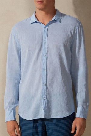 Long Sleeve Intimissimi Linen and Bawełniane Shirt Męskie Głęboka Niebieskie | PL3101IS