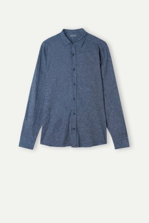 Long Sleeve Intimissimi Linen and Bawełniane Shirt Męskie Niebieskie | PL3100OR