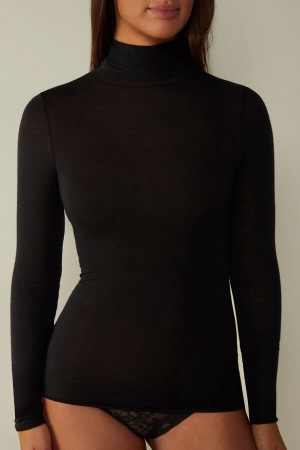 Long Sleeve Intimissimi Modal Cashmere Ultralight High-Neck Top Damskie Czarne | PL4256FM