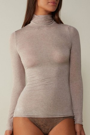 Long Sleeve Intimissimi Modal Cashmere Ultralight High-Neck Top Damskie Beżowe | PL4253NB