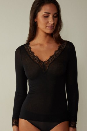 Long Sleeve Intimissimi Modal Cashmere Ultralight Long Koronkowe Shirt Damskie Czarne | PL4249EX