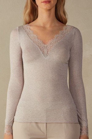Long Sleeve Intimissimi Modal Cashmere Ultralight Long Koronkowe Shirt Damskie Beżowe | PL4228VD