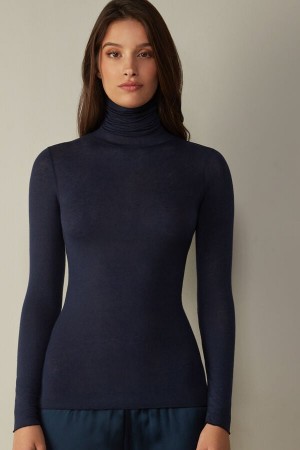 Long Sleeve Intimissimi Modal Cashmere Ultralight High-Neck Top Damskie Niebieskie | PL4217IS