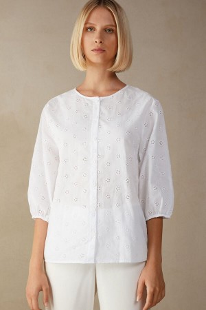 Long Sleeve Intimissimi Morning Feelings Shirt in Plain Weave Bawełniane Damskie Białe | PL4239DN