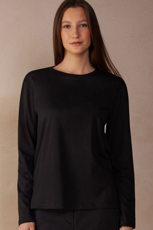 Long Sleeve Intimissimi Oversized Top in Supima® Bawełniane Damskie Czarne | PL4219YU