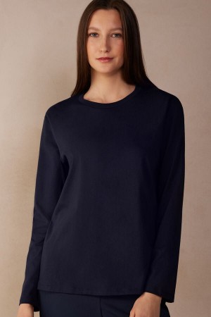 Long Sleeve Intimissimi Oversized Top in Supima® Bawełniane Damskie Niebieskie | PL4218UT