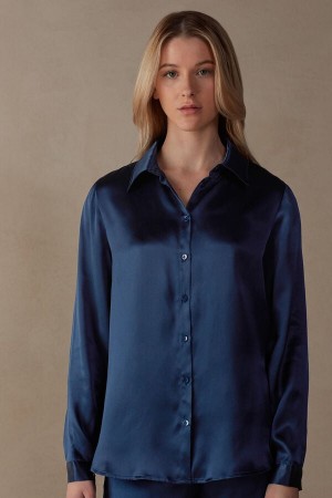 Long Sleeve Intimissimi Silk Shirt Damskie Niebieskie | PL4242PQ