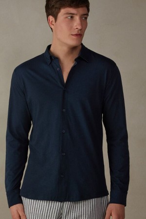 Long Sleeve Intimissimi Slub Bawełniane Shirt Męskie Niebieskie | PL3105RW