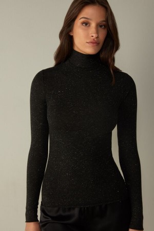 Long Sleeve Intimissimi Turtleneck Top in Modal Light with Cashmere Lamé Damskie Czarne | PL4244IS