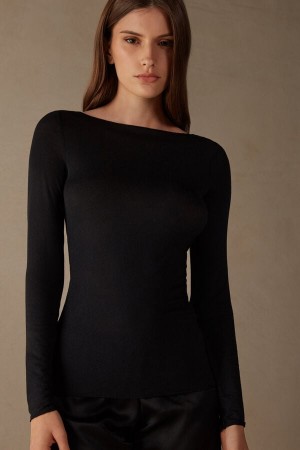 Long Sleeve Intimissimi Łódź Neck Modal Cashmere Ultralight Top Damskie Czarne | PL4259AP