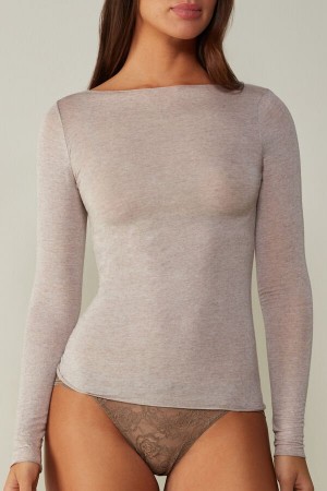 Long Sleeve Intimissimi Łódź Neck Modal Cashmere Ultralight Top Damskie Beżowe | PL4258SO