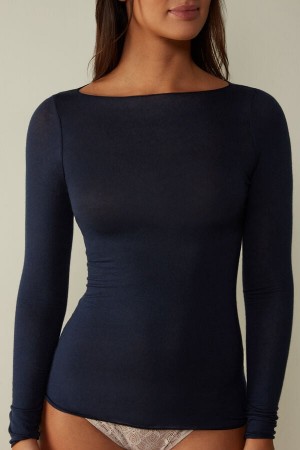 Long Sleeve Intimissimi Łódź Neck Modal Cashmere Ultralight Top Damskie Niebieskie | PL4252MA