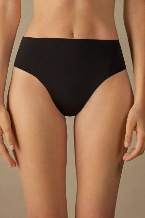 Majtki Intimissimi High Stanem Stringi in Seamless Ultralight Microfiber Damskie Czarne | PL3774PQ