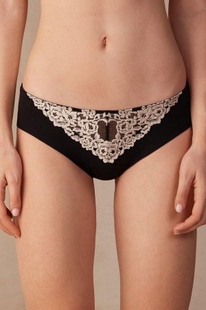 Majtki Intimissimi Pretty Flowers Seamless Bawełniane Damskie Czarne Białe | PL3642AP