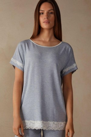 Piżama Intimissimi Krótkie-Sleeve Modal Top with Koronkowe Detail Damskie Głęboka Niebieskie | PL3938WY