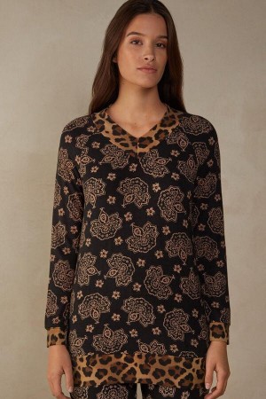 Piżama Intimissimi Lady Animalier Long Sleeve Modal Top Damskie Czarne | PL3899FM