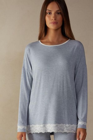 Piżama Intimissimi Long-Sleeve Round-Neck Modal Top Damskie Głęboka Niebieskie | PL3888MA