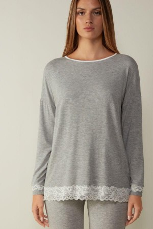 Piżama Intimissimi Long-Sleeve Round-Neck Modal Top Damskie Głęboka Szare | PL3867ZG