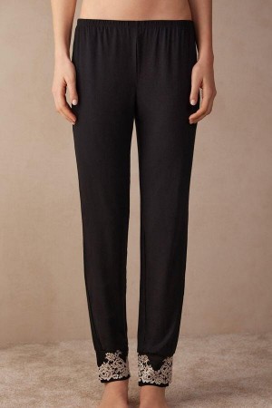 Piżama Intimissimi Pretty Flowers Full Length Cuffed Modal Pants Damskie Czarne Białe | PL3981AP