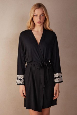 Piżama Intimissimi Pretty Flowers Modal Robe Damskie Czarne Białe | PL3847FM