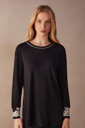 Piżama Intimissimi Pretty Flowers Modal Top Damskie Czarne Białe | PL3869KI