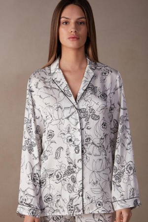 Piżama Intimissimi Pure Joy Long Sleeve Top in Satin Damskie Białe Szare | PL3925GL