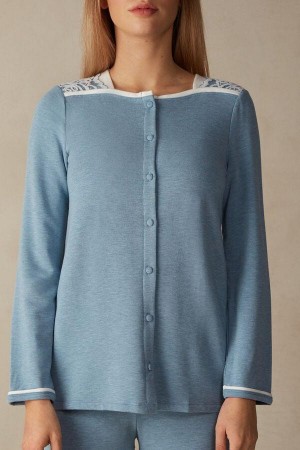 Piżama Intimissimi Romantic Bedroom Button Up Top in Modal with Wełna Damskie Głęboka Niebieskie | PL3906UT